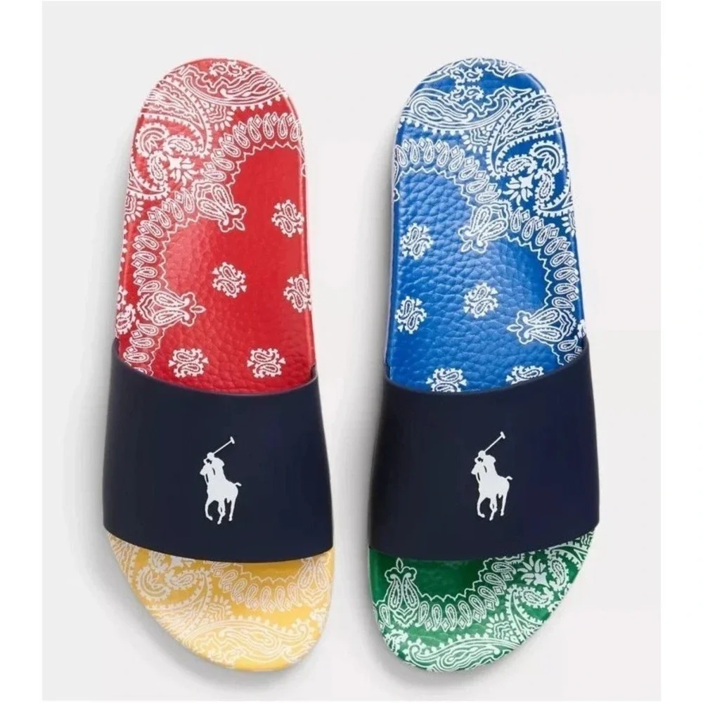 Polo Ralph Lauren Paisley Bandana Color-Block‎ Big Pony Slide Men's Size 12 NWT